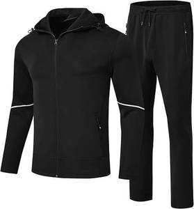 Survêtement noir à capuche pour homme avec fermeture éclair intégrale, sweat-shirt à poches latérales et pantalon assorti, tenue décontractée d'automne en polyester respirant - Product Image 3