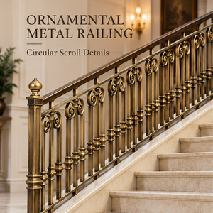 Rampe en laiton de style patrimonial avec balustres à volutes circulaires et poteaux carrés, main courante et balustrade en métal - Product Image 1