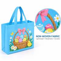 Panier de Pâques bleu ciel avec œufs, poussins, marguerites et nœuds imprimés, sacs cadeaux en tissu non tissé écologiques, recyclables, réutilisables, avec logo personnalisé