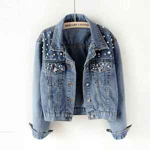 Custom Logo High Quality Ladies <b>Rhinestone</b> Pearls Beading Blue Denim Coat <b>Jacket</b> Plus Size Jean <b>Jackets</b> for Women - Product Image 3