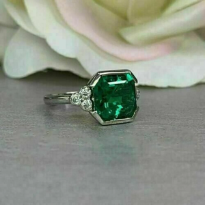 Bague d'anniversaire de mariage vintage Art Déco avec émeraude verte taille Asscher de 3,45 carats et diamants blancs, finition or blanc 14 carats, cadeau Ri - Product Image 6