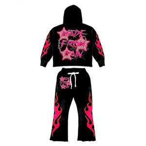 Conjunto de chándal personalizado con estampado de calavera y llamas para hombre, con capucha, manga larga, estilo urbano, conjunto de dos piezas a juego, pantalones acampanados - Product Image 6