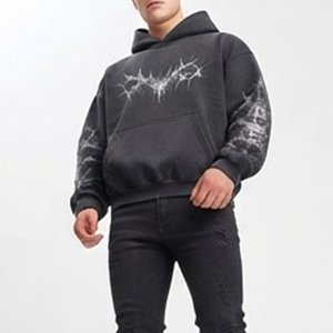 New Sales <b>Men's</b> Black Hooded <b>Sweatshirt</b> With <b>White</b> Crack Print Front Pocket Casual Autumn Wear 100% Cotton Knitted Regular Fit - Product Image 5