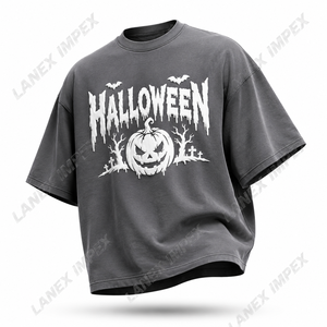 Custom Halloween Graphic T Shirt 3D Puff Print Pumpkin Bat Graveyard Design Grey Oversized Cotton <b>Tee</b> for Men Women Streetwear - Product Image 2
