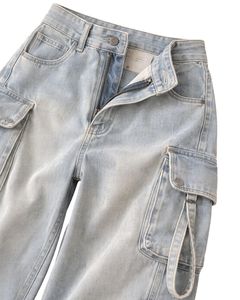 Pantalon cargo en jean bleu clair taille haute avec plusieurs poches, coupe ample, longueur intégrale, style décontracté, finition délavée - Product Image 5