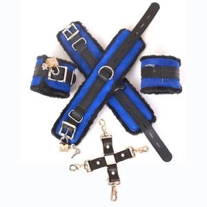 Blue Faux Fur Restraints With Metal Buckles And <b>Locks</b> For Wrist And Ankle - Product Image 1