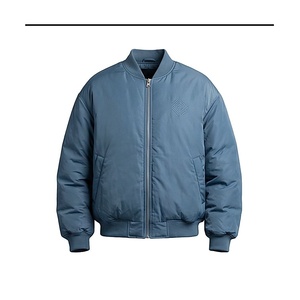 Blue Bomber Jacket Full Sleeve Stand Collar Zipper Closure Polyester Filling Solid Color Winter Wear - Product Image 1