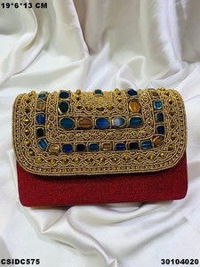 <b>Beaded</b> Clutch Evening Bag With Chain <b>Strap</b> Sparkling Ethnic Design For Party Bridal Use designer clutch purse with stone work - Product Image 5