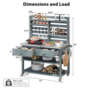 Isola Cucina da Esterno in Legno Massello con Ripiano Superiore e Ruote Bloccabili, 165 cm di Altezza, Banco da Giardinaggio con Vano Portaoggetti in Acciaio Inossidabile - Product Image 6