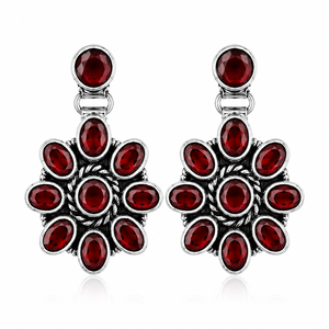 Wholesale Oxidized Silver-Plated Brass Flower Drop <b>Earrings</b> Red <b>Garnet</b> Bezel Set Women Jewelry Direct Factory Manufacturer - Product Image 1