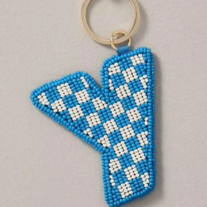 Llavero de moda con letra Y a cuadros azul y blanco, bordado personalizado con cuentas de semillas, anillo de metal dorado, colgante para bolso, regalos, novedades de moda - Product Image 1