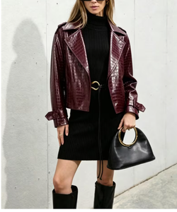 Burgundy Crocodile Embossed PU <b>Leather</b> <b>Jacket</b> With Belt Turn-down Collar Moto Style Autumn Outerwear Private Label apparel - Product Image 3