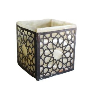 Square Moroccan Style Candle Holder with Geometric Metal Frame and Mother of Pearl Inlay for Home Decor - Product Image 1