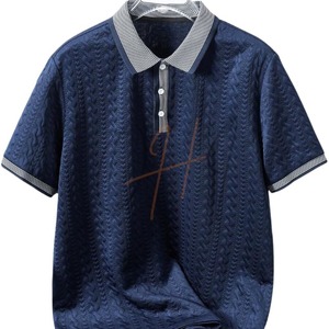Camisa de Manga Corta para Hombre, Jacquard, Azul Oscuro, Ribete en Contraste, Corte Holgado, Informal, Tejida, 100% Algodón, Ecológica, de Secado Rápido - Product Image 1