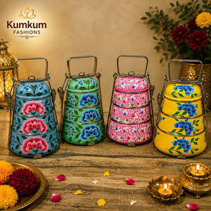 Traditional Indian Hand Painted Multi Color Non Electric Stainless Steel <b>Lunch</b> <b>Box</b> >3 Tiers 0-1L Capacity Office Picnic Personal - Product Image 3