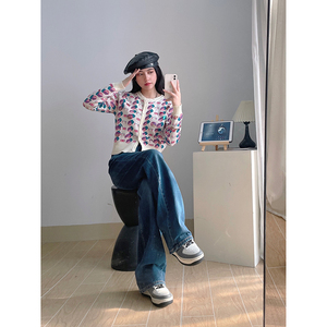 Jean en denim taille haute couleur bonbon, coupe ample, jambe large, longueur intégrale, délavage clair, style décontracté, automne - Product Image 1