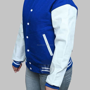 Chaqueta universitaria de cuero auténtico con letras de lana personalizada azul con parches de logotipos bordados de Color blanco y chaquetas con etiquetas - Product Image 5