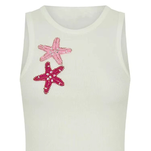 เสื้อครอปท็อปผ้าฝ้ายสีขาวลายริบบิ้น รุ่นลิมิเต็ดอิดิชั่น ประดับด้วยงานปักลายปลาดาวสีชมพูประดับด้วยลูกปัด ทำด้วยมือ สำหรับผู้หญิง - Product Image 1