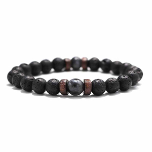 Vintage Natural Stone Bead Bracelet with Wooden Spacers, Lava Rock Elastic Bracelet for Men, Everyday Wear - Product Image 2