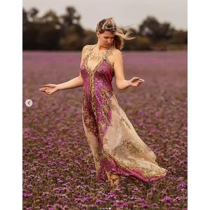 Handmade <b>Boho</b> Maxi Dress Deep V Neck Sleeveless Regular Fit Embroidery Viscose Cotton Floral Print Asymmetrical Hem Autumn Solid - Product Image 4