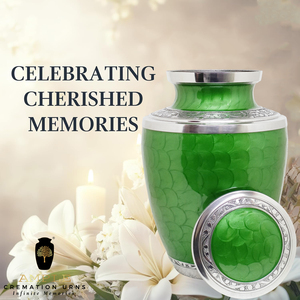 โกศบรรจุอัฐิสีเขียวสำหรับผู้ใหญ่ |   โกศบรรจุอัฐิขนาด 220 คิวบิกอินช์ สลักลายสีเงิน เป็นมิตรกับสิ่งแวดล้อม ดีไซน์ปรับแต่งได้ - Product Image 6