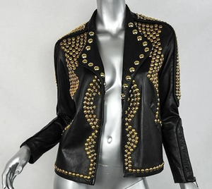Chaqueta de Motociclista Negra para Mujer con Remaches Dorados y Cuello Vuelto con Cremallera - Product Image 4
