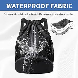 Black Canvas <b>Drawstring</b> <b>Backpack</b> with Shoulder Strap and Wet Dry Pockets 30-40L for Gym Sports Travel - Product Image 4