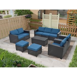 Set 10 pezzi di mobili da giardino in Rattan divano sezionale tavolino in vetro temperato cuscini da esterno in Rattan - Product Image 3