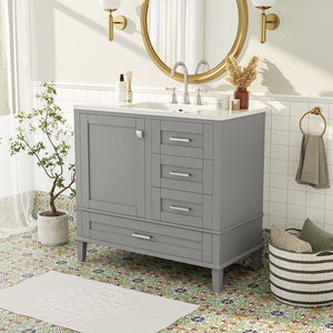 Modern 36\" Bathroom Vanity Storage Cabinet with Solid Pine Frame 1 Soft-Close Door 3 Drawers - Product Image 3