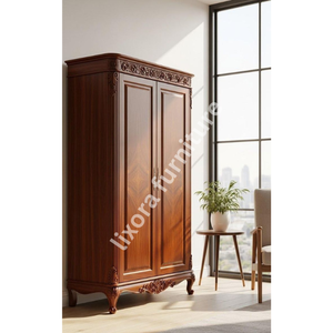 Armoire de luxe en bois massif artisanal à 2 portes, avec des sculptures florales ornées, finition en noyer de qualité supérieure - Product Image 4