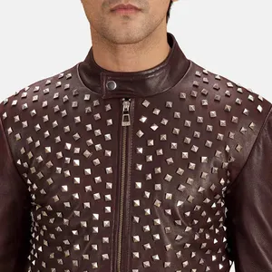 Veste de motard en cuir bordeaux cloutée vintage écologique pour homme Blix Bono - Product Image 4