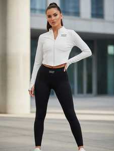 ONETEN APPAREL <b>Women</b> <b>White</b> Half Zip Yoga Jacket <b>Long</b> <b>Sleeve</b> Crop <b>Top</b> Breathable Athletic Front Logo - Product Image 3