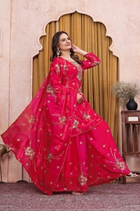Modern Festive Fendy Silk Embroidered Kurta Set Palazzo Boring Craft Dupatta Wedding Party Ethnic Outfit For Women - Product Image 3