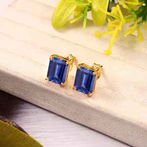 Pendientes de zafiro azul de Ceilán, plata de ley 925, chapados en oro de 14 quilates, joyería fina para mujer, regalo - Product Image 3