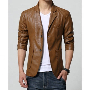 Men Black <b>Leather</b> <b>Blazer</b> Notched Collar Single Breasted Regular Fit Full Length Sleeve British Style <b>Jacket</b> - Product Image 3