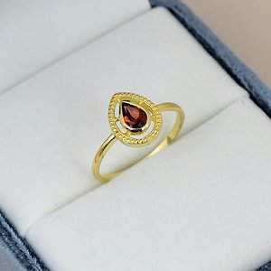 Natural <b>Garnet</b> <b>Ring</b> 4x6mm Pear Cut Gemstone Solid 925 Sterling Silver Yellow Gold Plated Bezel Set Openwork Women's Jewelry - Product Image 3