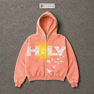 เสื้อฮู้ดซิปพิมพ์ลาย Holy Sun Bird สีพีช ทรงโอเวอร์ไซส์ สไตล์วินเทจ สตรีทแวร์ ลายพิมพ์แบบดิสเทรส เสื้อฮู้ดลำลอง ยูนิเซ็กส์ ทรงพอดีตัวสไตล์คนเมือง - Product Image 5