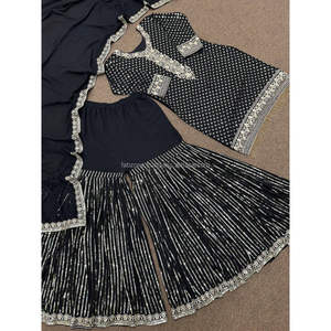 Fabzonefabindia présentant la nouvelle fête était belle broderie lourde fantaisie et haut de travail à paillettes de 5mm-Sharara avec Dupatta - Product Image 4