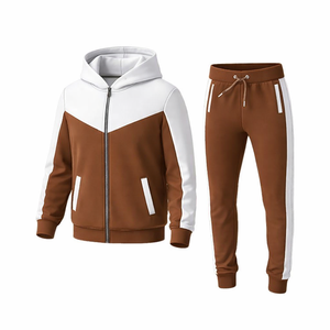 Ensemble de survêtement pour homme blanc et marron, sweat à capuche zippé et pantalon de jogging, tenue de sport décontractée pour la gym, la course et le fitness, vente en gros - Product Image 1