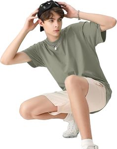 T-shirt décontracté pour homme, vert olive, manches courtes, col rond, coupe classique, 100% coton, respirant, style jersey tricoté - Product Image 1