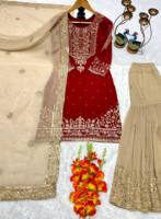 Completo Abito Designer in Georgette con Ricamo a Specchio e Paillettes, Top, Sharara e Dupatta, Colore Bordeaux, Moderno, Alta Qualità, Casual, per Esterni