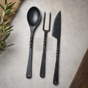 Juego de cubiertos antiguos de acero al carbono forjado a mano, estilo rústico, con mango retorcido, cuchara, tenedor, cuchillo, vajilla - Product Image 1