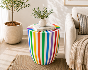 Top Rated Resin Bone Inlay <b>Side</b> <b>Table</b> <b>Round</b> Drum Contemporary End <b>Table</b> Striped Design Modern Nightstand Decorative Accent <b>Table</b> - Product Image 5
