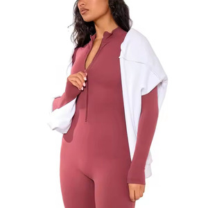 Combinaison moulante taille haute pour femme avec fermeture éclair, manches longues, couleur unie, effet ventre plat, style streetwear - Product Image 3