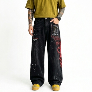 American-Style Men's Denim Pants Studded Diamonds High Street Print Tie Dye <b>Hip</b> Hop Winter Washed Distressed Loose-fitting Wide - Product Image 2