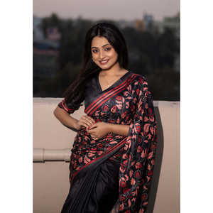 Vestidos de Noche Elite Weaves, Sari Pushpa Estampado Katha de Seda Kolam Negra - Product Image 3