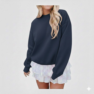 Sweat-shirt à col rond surdimensionné pour femmes, couleur unie, manches longues, coton tricoté, style décontracté streetwear d'automne - Product Image 1