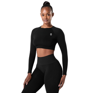 Haut court sculptant extensible sans coutures à manches longues noir pour femme, idéal pour la gym, le yoga, l'entraînement, le fitness et les tenues athleisure - Product Image 3