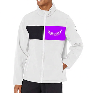 Men's White Fleece <b>Jacket</b> With <b>Red</b> And Black Color Blocking Windproof Zipper Front Sporty Design Stand Collar - Product Image 4