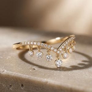 Round Cut Lab Grown <b>Diamond</b> Engagement <b>Ring</b> Chevron Wishbone Design with Dangling Drop Stones Yellow Gold Luxury Style - Product Image 2